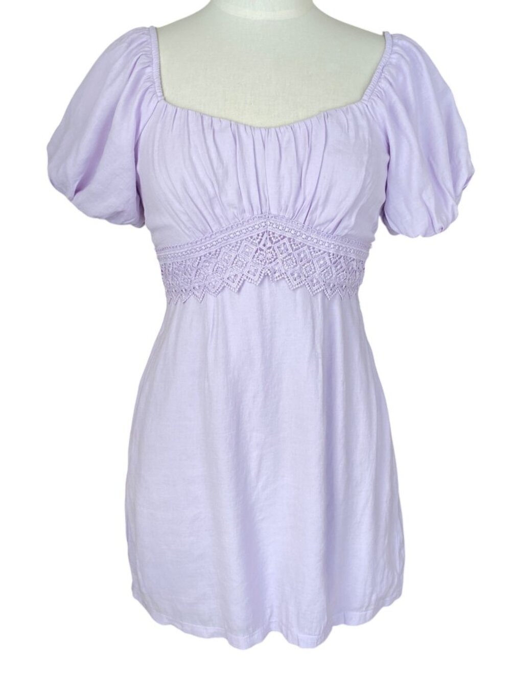 Trixxi Puff Sleeve Babydoll Mini Dress Lilac Lace Waist Cottage Coquette-S